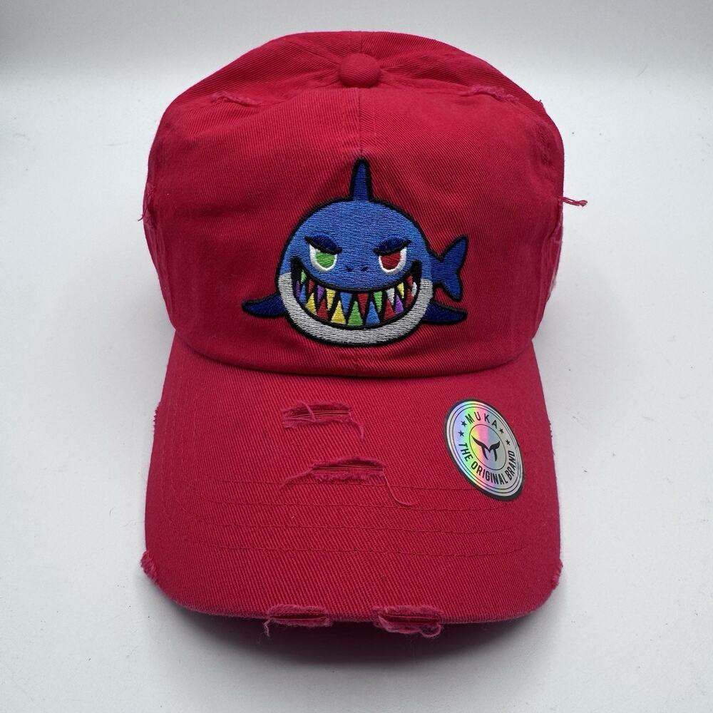 MUKA Shark Embroidered Distressed Red Dad Hat Cap Adjustable Strapback One Size